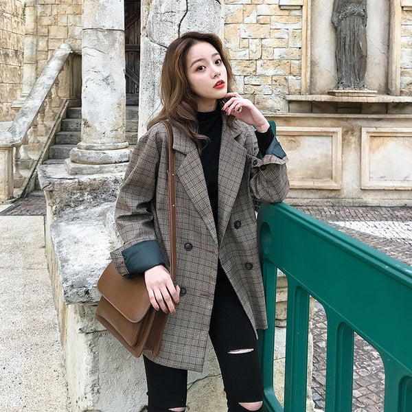 Spring  Autumn Vintage Double Breasted Office Ladies Plaid Blazer Long Sleeve Loose Retro Suits Coat Jacket Women  Female