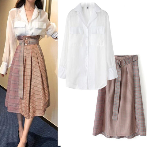 Spring Autumn Vintage Elegant Women Korea Full Sleeve Shirt Tops Women And Plaid Skirt 2 Piece Set Women With Belt SL141