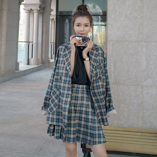 Spring Autumn Vintage Plaid 2 Piece Sets Blazer and Pleated Skirts Women Preppy Style Double Breasted Elegant Suit Jacket Y899