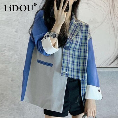 Spring Autumn Vintage Plaid Patchwork Slim Irregular Blazer Women Street Hipster All-match Loose Casual Suit Lady Cardigan Coat