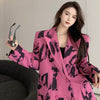 Spring Autumn Vintage Women Letter Print Thin Rose Red Suit Jacket Double Breasted Lapel Casual Office Ladies Blazers Outerwear