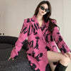 Spring Autumn Vintage Women Letter Print Thin Rose Red Suit Jacket Double Breasted Lapel Casual Office Ladies Blazers Outerwear