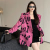Spring Autumn Vintage Women Letter Print Thin Rose Red Suit Jacket Double Breasted Lapel Casual Office Ladies Blazers Outerwear