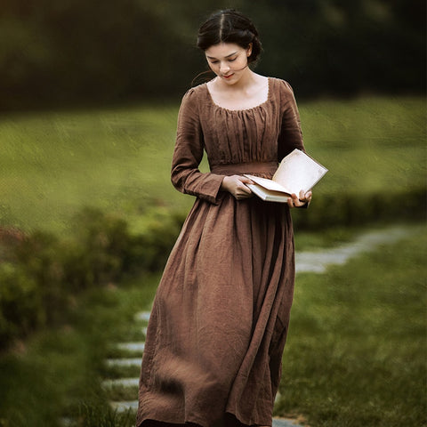 Spring Autumn Women 100%Linen Coffee Long Dress Ladies Victoria Royal Vintage Elegant Long Sleeve  High Waist Dress robe longue