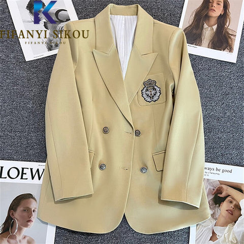 Spring Autumn Women Blazer Jackets Double Breasted Embroidery Light Yellow Suit Jacket Loose  Blazers Coat