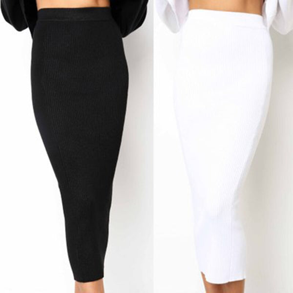 Spring Autumn Women Bodycon Long Skirt Casual Knitted Slim Bag Hip Skirt Sexy Black White High Waist Party Pencil Skirts