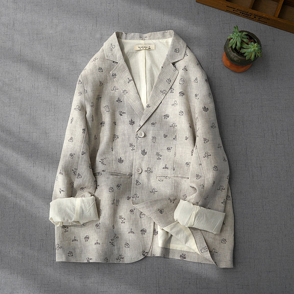 Spring Autumn Women Casual All-match Loose Japanese Style Print Brief Comfortable Water Washed Linen Blazer Coats