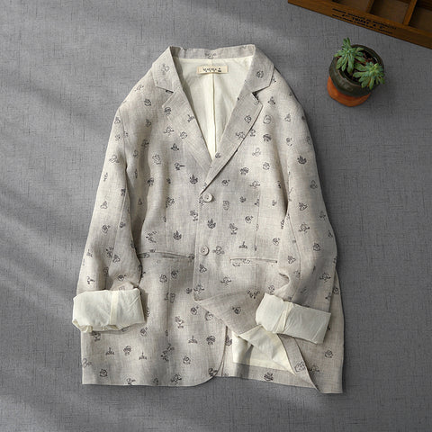 Spring Autumn Women Casual All-match Loose Japanese Style Print Brief Comfortable Water Washed Linen Blazer Coats