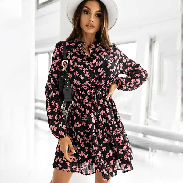 Spring Autumn Women Casual Long Sleeve Floral Mini Dress Printed Ruffles Stand Neck Vestidos Elegant Slim Ladies Dresses