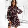 Spring Autumn Women Casual Long Sleeve Floral Mini Dress Printed Ruffles Stand Neck Vestidos Elegant Slim Ladies Dresses