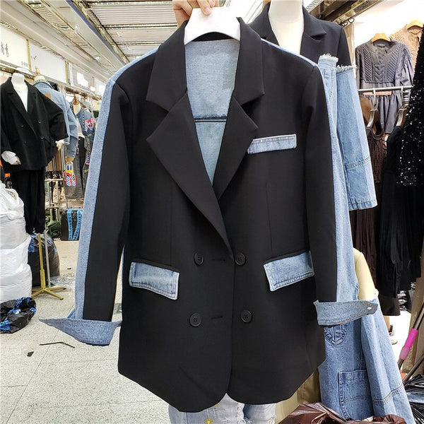 Spring Autumn Women Color Contrast Denim Patchwork Blazers Black Khaki Notched Collar Double Breasted Female Casual Suit Jacket