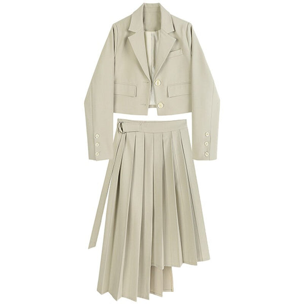 Spring Autumn Women Skirt Set Korean Chic OL short Top Blazer Coat irregular Pleated Skirt Suits Female 2 Piece