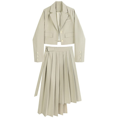Spring Autumn Women Skirt Set Korean Chic OL short Top Blazer Coat irregular Pleated Skirt Suits Female 2 Piece