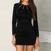 Spring Autumn Women Long Sleeve O-neck Dress Elegant Solid Slim Mini Dress Black Pearl Beading Party Dress Bodycon Mini Dress