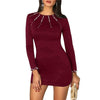 Spring Autumn Women Long Sleeve O-neck Dress Elegant Solid Slim Mini Dress Black Pearl Beading Party Dress Bodycon Mini Dress