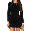 Spring Autumn Women Long Sleeve O-neck Dress Elegant Solid Slim Mini Dress Black Pearl Beading Party Dress Bodycon Mini Dress