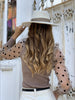 Spring Autumn Women Mesh Sheer Sleeve Blouse Slim Ladies Mock Neck Knitted Shirts Polka Dot Puff Sleeve Shirts Tops