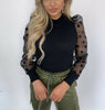 Spring Autumn Women Mesh Sheer Sleeve Blouse Slim Ladies Mock Neck Knitted Shirts Polka Dot Puff Sleeve Shirts Tops