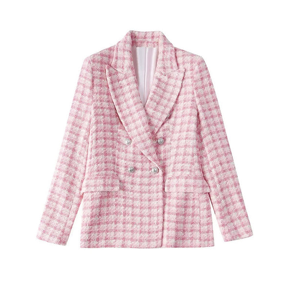 Spring Autumn Women Office Jacket Ornate Button Tweed Woolen Coats Female Casual Pink Thick Blazers Outerwear Clothing
