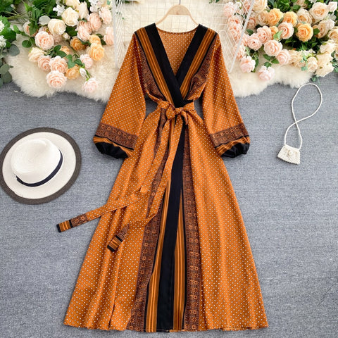 Spring Autumn Women Printed Long Dress Vintage Puff Long Sleeve High Waist A-Line Vestidos Female 2023 Beach Robe
