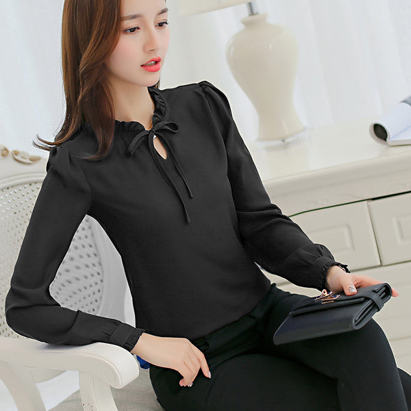 Spring Autumn Women Tops Long Sleeve Blouses Casual Chiffon Blouse Office Lady Work Wear Solid Color White Shirts Plus Size