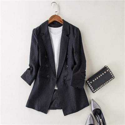 Spring Autumn Women black Blazer Double-Breasted linen suit Pockets  Work Office Suits Pure color Outwear linen suit