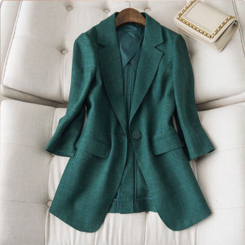 Spring Autumn Women's Clothing Dark Green Blazer Ladies Tops Single Button Thin Suit Jacket Coat Casual Female Outerwear 3XL