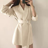 Spring Autumn Women's Long Blazers Dress Jacket with Belt Notched Outerwear Office Lady Coat England Style Cardigan Blazer Women
