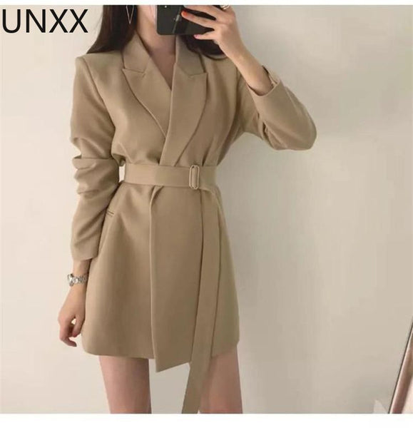 Spring Autumn Women's Long Blazers Dress Jacket with Belt Notched Outerwear Office Lady Coat England Style Cardigan Blazer Women
