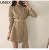 Spring Autumn Women's Long Blazers Dress Jacket with Belt Notched Outerwear Office Lady Coat England Style Cardigan Blazer Women