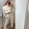 Spring Autumn Women's Solid Color Sport Set Long Sleeve High-neck Sweatshirt and Drawstring Pants Two-piece Tracksuit