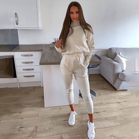Spring Autumn Women's Solid Color Sport Set Long Sleeve High-neck Sweatshirt and Drawstring Pants Two-piece Tracksuit