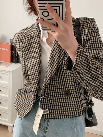 Spring Autumn Women's Vintage Plaid Crop Blazer Top Chic Elegant Office Weay Suit Outwear Ladies Streetwear Suit Jacket