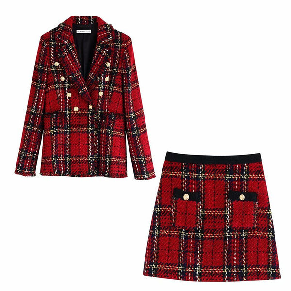 Spring Autumn Women suits Plaid Skirt Set casual double-breasted tweed plaid ladies jacket Slim and elegant bust Two-piece