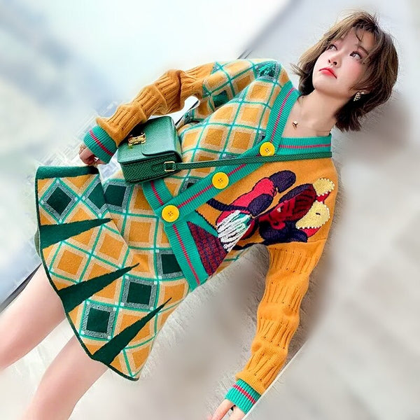Spring Autumn women's cartoon knitted skirts suits casual colorful cardigans sweaters and Spliced Skirt suits NS961