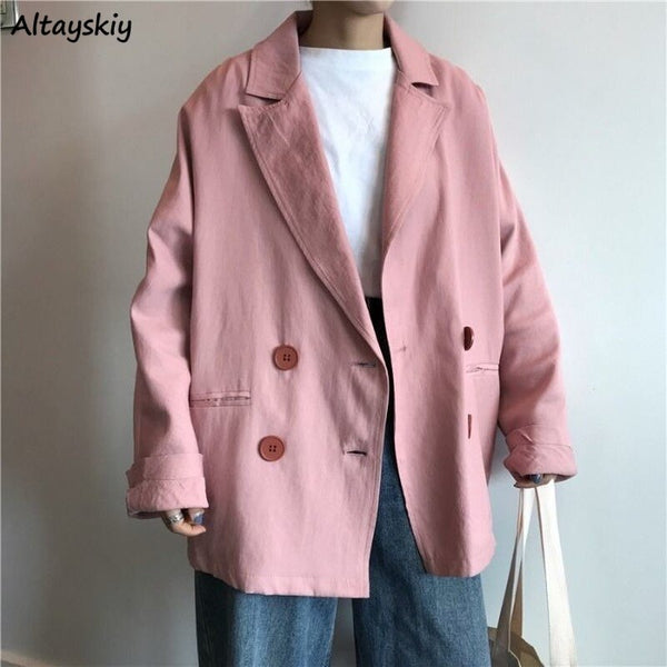 Spring Blazers Women Chic All-match Casual Notched Double Breasted Long Sleeve Korean Style Sweet Daily Feminino Outwear