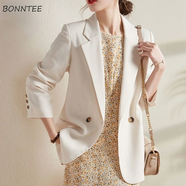 Spring Blazers Women Pockets Casual Korean Style Office Ladies Soft All-match Double Breasted Autumn Clothing Streetwear Daily