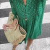 Spring Casual Loose Print Dresses Women Vintage V Neck Green Dress Button Female Long Sleeve Holiday Beach Vestidos 2023