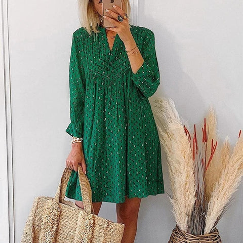 Spring Casual Loose Print Dresses Women Vintage V Neck Green Dress Button Female Long Sleeve Holiday Beach Vestidos 2023