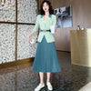Spring Casual Two Piece Set Women Office Lady Belt Slim Blazer Tops + Height Waist Pleated A-Line Skirts Suit Elegant Woman Set