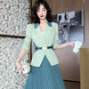 Spring Casual Two Piece Set Women Office Lady Belt Slim Blazer Tops + Height Waist Pleated A-Line Skirts Suit Elegant Woman Set