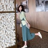 Spring Casual Two Piece Set Women Office Lady Belt Slim Blazer Tops + Height Waist Pleated A-Line Skirts Suit Elegant Woman Set