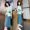 Spring Casual Two Piece Set Women Office Lady Belt Slim Blazer Tops + Height Waist Pleated A-Line Skirts Suit Elegant Woman Set