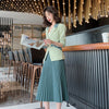 Spring Casual Two Piece Set Women Office Lady Belt Slim Blazer Tops + Height Waist Pleated A-Line Skirts Suit Elegant Woman Set