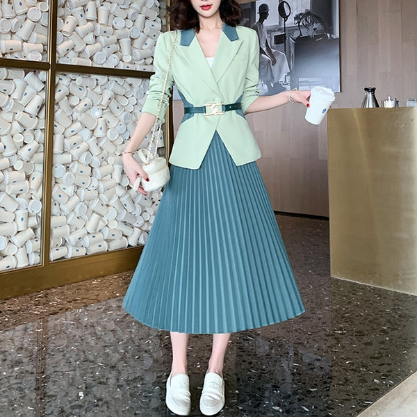 Spring Casual Two Piece Set Women Office Lady Belt Slim Blazer Tops + Height Waist Pleated A-Line Skirts Suit Elegant Woman Set