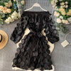 Spring Elegant Dress Dimensional Three Quarter Bubble Sleeve Flower Closing Waist Slash Neck Vestidos Lace Bandage Dress