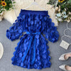 Spring Elegant Dress Dimensional Three Quarter Bubble Sleeve Flower Closing Waist Slash Neck Vestidos Lace Bandage Dress