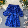 Spring Elegant Dress Dimensional Three Quarter Bubble Sleeve Flower Closing Waist Slash Neck Vestidos Lace Bandage Dress