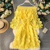 Spring Elegant Dress Dimensional Three Quarter Bubble Sleeve Flower Closing Waist Slash Neck Vestidos Lace Bandage Dress
