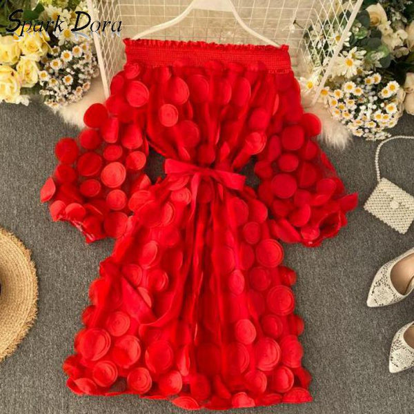 Spring Elegant Dress Dimensional Three Quarter Bubble Sleeve Flower Closing Waist Slash Neck Vestidos Lace Bandage Dress